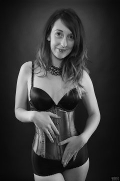 2018-02-18 Madame Cerise in black bra and pantie girdle and tightly-laced blue underbust corset