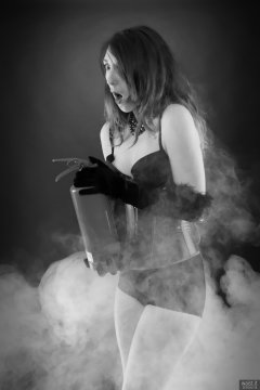 2018-02-18 Madame Cerise in black bra and pantie girdle and tightly-laced blue underbust corset