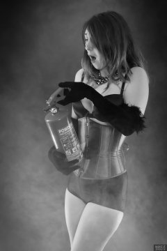 2018-02-18 Madame Cerise in black bra and pantie girdle and tightly-laced blue underbust corset