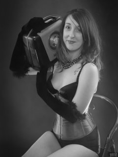 2018-02-18 Madame Cerise in black bra and pantie girdle and tightly-laced blue underbust corset