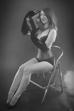 2018-02-18 Madame Cerise in black bra and pantie girdle and tightly-laced blue underbust corset