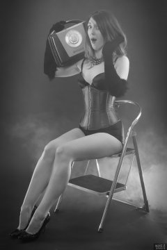 2018-02-18 Madame Cerise in black bra and pantie girdle and tightly-laced blue underbust corset