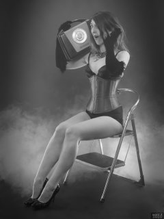 2018-02-18 Madame Cerise in black bra and pantie girdle and tightly-laced blue underbust corset