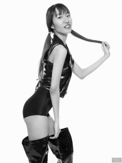 2018-02-24 Salina Pun in black bra top and black high-waist Chinese control briefs worn as hot-pants, plus black patent leather thigh boots