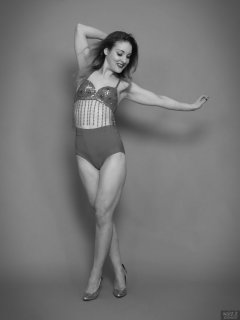 2018-04-07 Annie91 in red jewelled dance top and red pocket gorde worn as hotpants