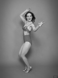 2018-04-07 Annie91 in red jewelled dance top and red pocket gorde worn as hotpants