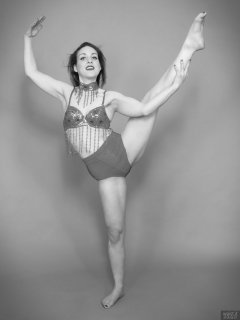 2018-04-07 Annie91 in red jewelled dance top and red pocket gorde worn as hotpants