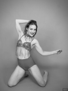 2018-04-07 Annie91 in red jewelled dance top and red pocket gorde worn as hotpants