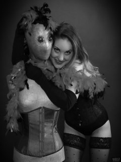 2018-04-07 Annie91 in corset, worn over black strapless bra and control briefs worn as hotpants