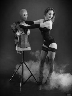 2018-04-07 Annie91 in corset, worn over black strapless bra and control briefs worn as hotpants