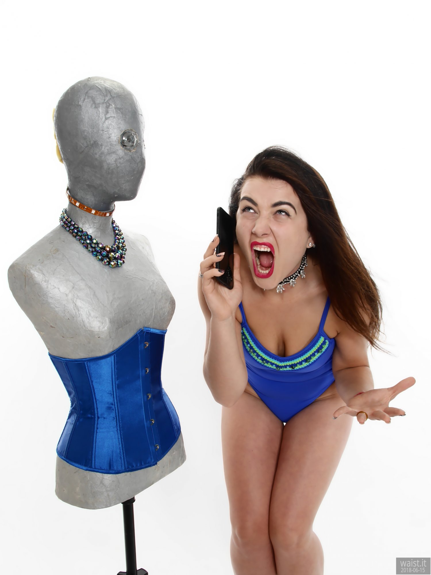 2018-06-15 Tatjana Bastet in tight blue tummy-control one-piece swimsuit