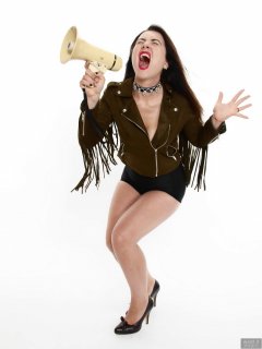 2018-06-15 Tatjana Bastet in her own leather jacket, worn over black style 210 girdle worn as hotpants and her own bra worn as top