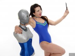 2018-06-15 Tatjana Bastet in tight blue tummy-control one-piece swimsuit