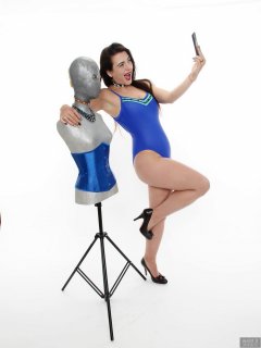 2018-06-15 Tatjana Bastet in tight blue tummy-control one-piece swimsuit