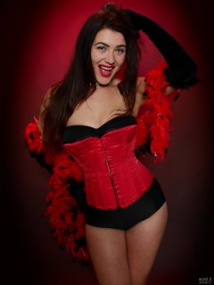 2018-06-15 Tatjana Bastet in tightly laced red vollers overbust corset, and black style 210 pantie girdle worn as hotpants