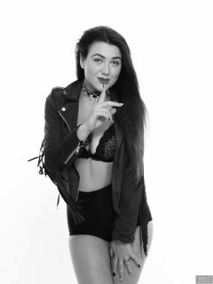 2018-06-15 Tatjana Bastet in her own leather jacket, worn over black style 210 girdle worn as hotpants and her own bra worn as top