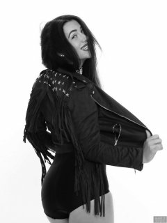 2018-06-15 Tatjana Bastet in her own leather jacket, worn over black style 210 girdle worn as hotpants and her own bra worn as top