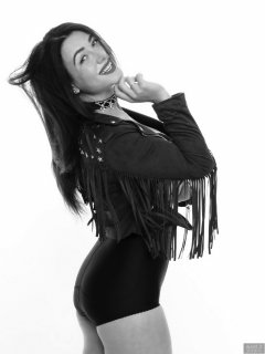 2018-06-15 Tatjana Bastet in her own leather jacket, worn over black style 210 girdle worn as hotpants and her own bra worn as top