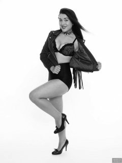 2018-06-15 Tatjana Bastet in her own leather jacket, worn over black style 210 girdle worn as hotpants and her own bra worn as top