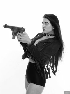 2018-06-15 Tatjana Bastet in her own leather jacket, worn over black style 210 girdle worn as hotpants and her own bra worn as top