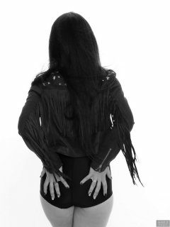 2018-06-15 Tatjana Bastet in her own leather jacket, worn over black style 210 girdle worn as hotpants and her own bra worn as top