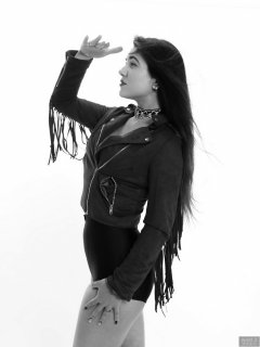 2018-06-15 Tatjana Bastet in her own leather jacket, worn over black style 210 girdle worn as hotpants and her own bra worn as top