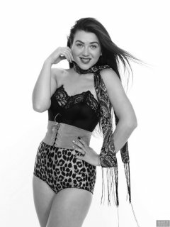 2018-06-15 Tatjana Bastet in black strapless longline bra top and leopard-print Beauform pantie girdle worn as hotpants, c/w tight leather corset-belt