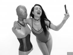 2018-06-15 Tatjana Bastet in tight blue tummy-control one-piece swimsuit