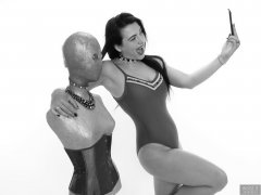 2018-06-15 Tatjana Bastet in tight blue tummy-control one-piece swimsuit