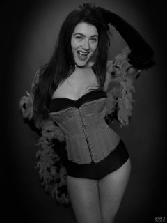 2018-06-15 Tatjana Bastet in tightly laced red vollers overbust corset, and black style 210 pantie girdle worn as hotpants