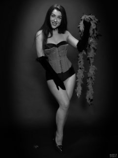 2018-06-15 Tatjana Bastet in tightly laced red vollers overbust corset, and black style 210 pantie girdle worn as hotpants