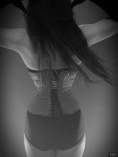 2018-06-15 Tatjana Bastet in tightly laced red vollers overbust corset, and black style 210 pantie girdle worn as hotpants