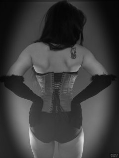 2018-06-15 Tatjana Bastet in tightly laced red vollers overbust corset, and black style 210 pantie girdle worn as hotpants