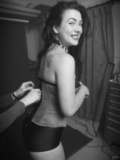 2018-06-15 Tatjana Bastet in tightly laced red vollers overbust corset, and black style 210 pantie girdle - being unlaced worn as hotpants