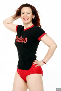 2018-07-07 Chiara in her own "Damned" t-shirt, worn over red Chinese bra and pocket girdle