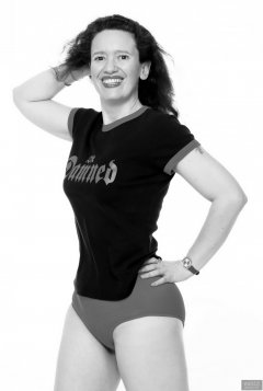 2018-07-07 Chiara in her own "Damned" t-shirt, worn over red Chinese bra and pocket girdle