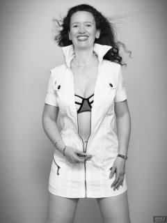 2018-07-07 Chiara in her own white canvas minidress, worn over blue-multi-coloured neoprene bikini