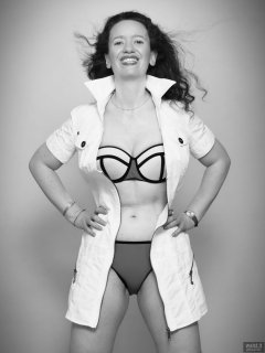 2018-07-07 Chiara in her own white canvas minidress, worn over blue-multi-coloured neoprene bikini