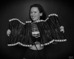 2018-07-07 Chiara shows us her long-line burgundy over-bust corset