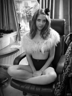 2018-07-25 Twinklenose, in furry cream top, worn over matching blue bra and blue girdle, worn as hotpants
