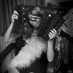 2018-07-25 Twinklenose, candid shot, in furry top worn over black bra and black pantie girdle, worn as hotpants