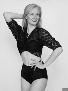 2018-09-01 Christina Elsom - in black bra and lace bolero top and black bum-lifter tummy-control briefs worn as hotpants