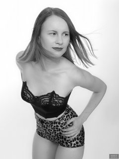 2018-09-16 Saffine in black strapless bra top and animal print pantie girdle worn as hotpants