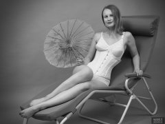 2018-09-16 Saffine in her own tightly-laced white underbust corset, worn over vintage pantie corselette