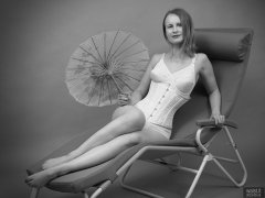 2018-09-16 Saffine in her own tightly-laced white underbust corset, worn over vintage pantie corselette