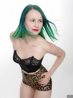 2018-09-16 Saffine in black strapless bra top and animal print pantie girdle worn as hotpants