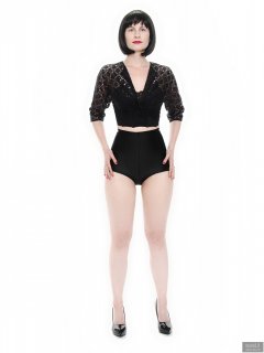 2018-09-16 Saffine in black strapless bra top, black bolero and  black Style 210 pantie girdle worn as hotpants