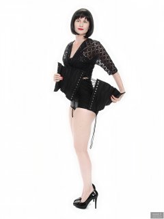 2018-09-16 Saffine in black strapless bra top, black bolero and  black Style 210 pantie girdle worn as hotpants
