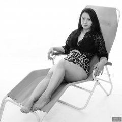 2018-10-21 Darya (DaryaM) on Relaxator 365 chair, in lace bolero top and leopard print pantie girdle worn as hotpants