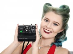 2018-11-04 Sophie Pixie with Polaroid 2000 SX70 Land camera, modelling her own vintage style one-piece swimsuit